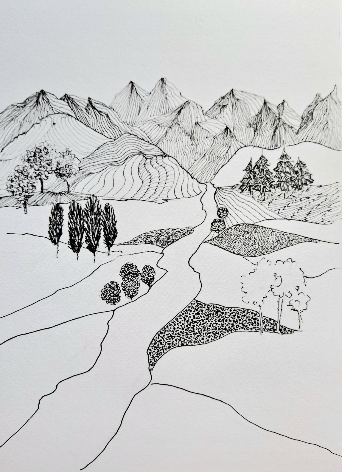 Fantasie Landschaft, ich versuchte jede Fläche mit einer Musterzeichnung zu füllen..