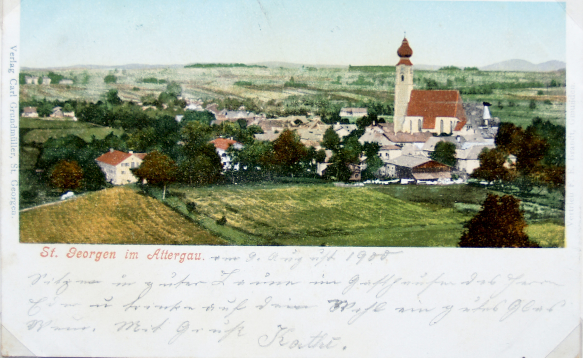 Um 1900, vom Kalvarienberg, damals gab es die Turnhalle noch in einem Stadel, unterhalb der Kirche