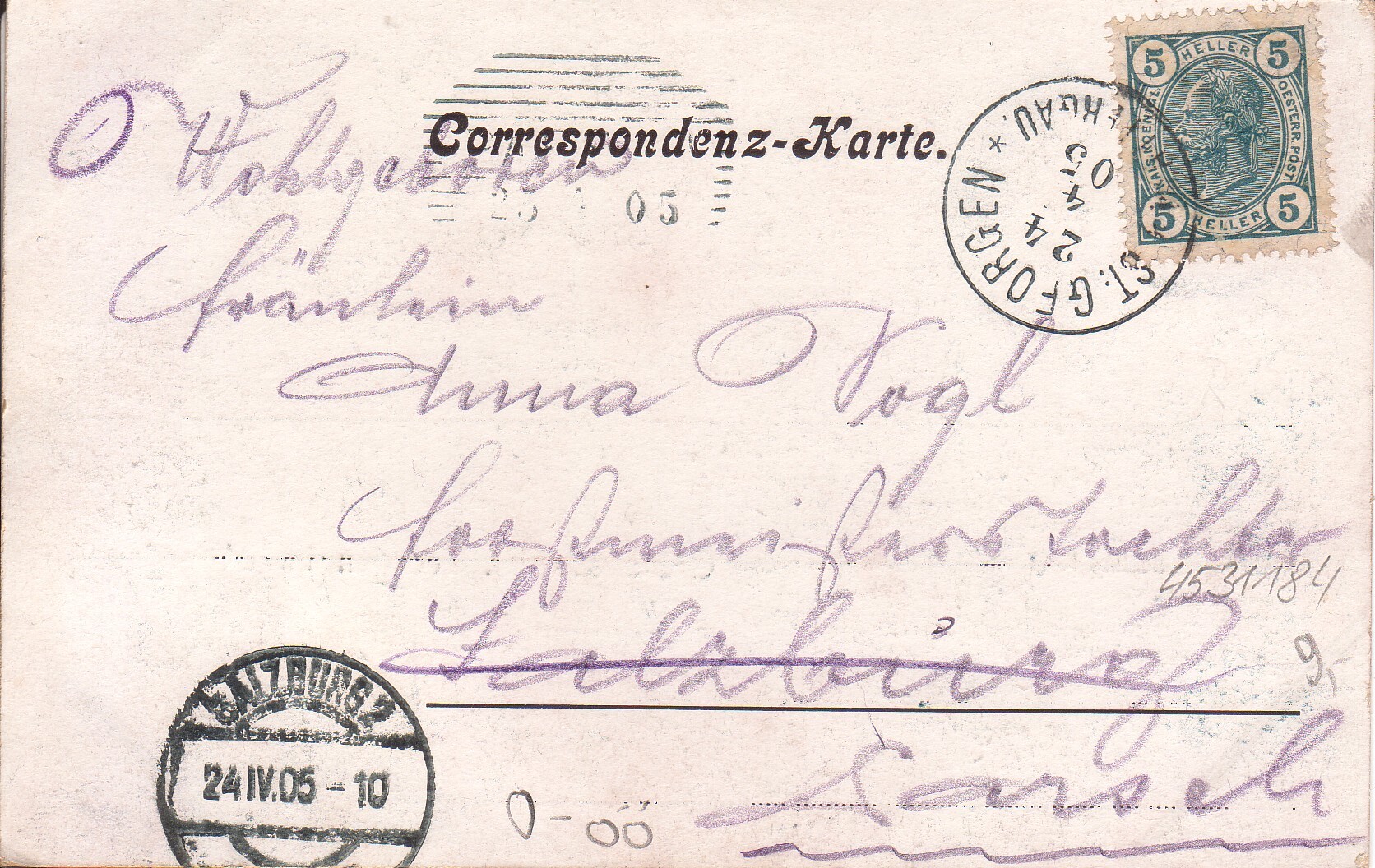 Korrespondezkarte, an Heimatdichterin Anna Vogl geschrieben, um 1905